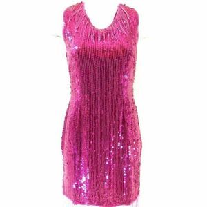 Vintage 70s Silk Sequin Mini Dress S Pink Beaded
